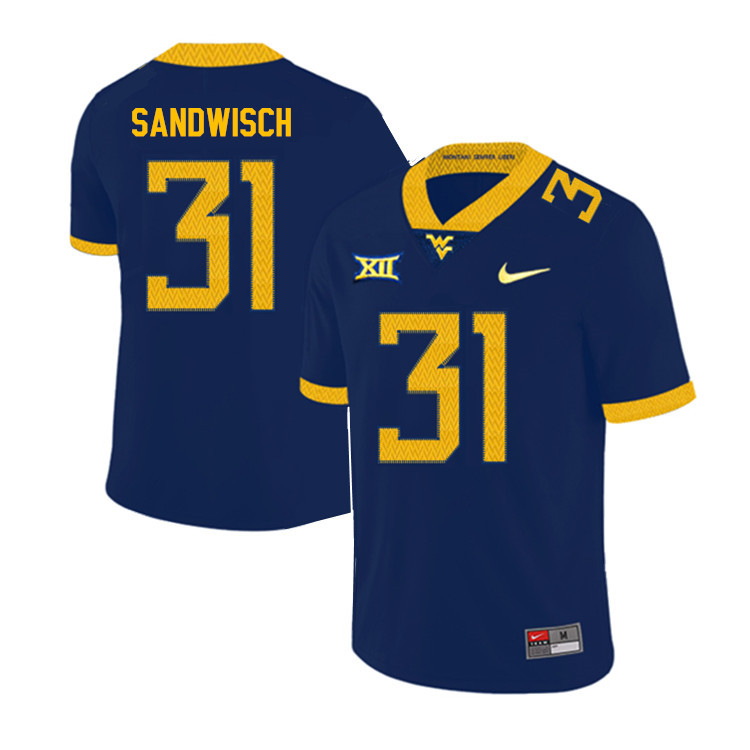 2019 Men #31 Zach Sandwisch West Virginia Mountaineers College Football Jerseys Sale-Navy